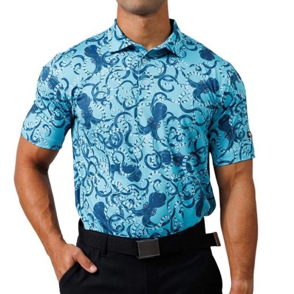 Waggle Blue Octopus Print Men's golf shirt - Picture 2 of 5